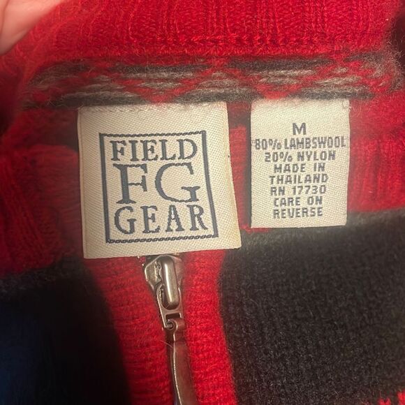 Field Gear Red Black & Grey Striped Lambswool Quarter Zip Neck Sweater sz M - Picture 3 of 5